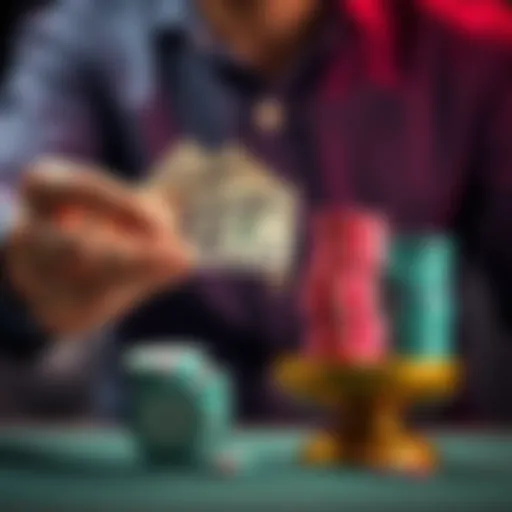 A person weighing options with cash in one hand and betting chips in the other, symbolizing the choice between cashing out and continuing to bet.