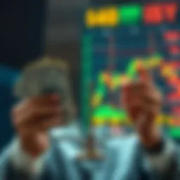 Cash out or invest A person weighing options between cashing out and investing, showing $40 bills on one side and a stock chart on the other side.