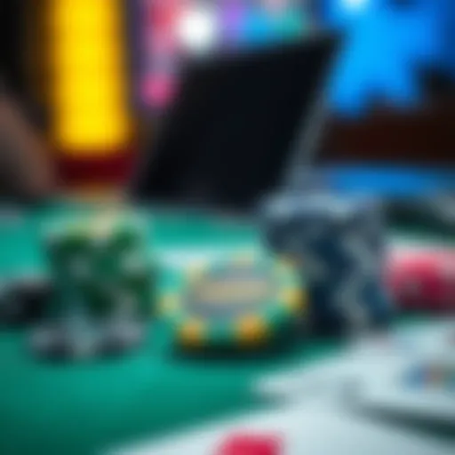 A close-up of casino chips and playing cards on a table, representing online gambling.