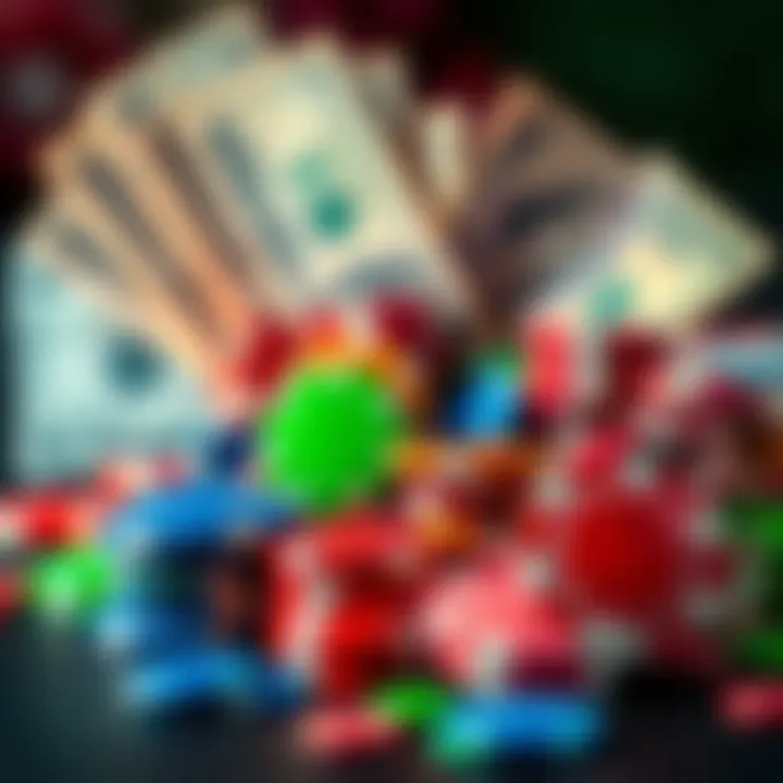 A pile of colorful casino chips next to cash bills, symbolizing turning free plays into money.