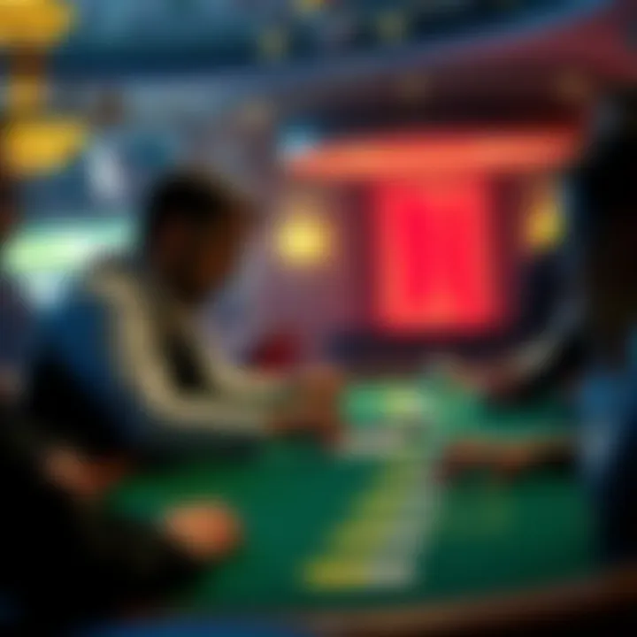 A casino dealer watching closely as players engage in a game of blackjack, looking for signs of cheating