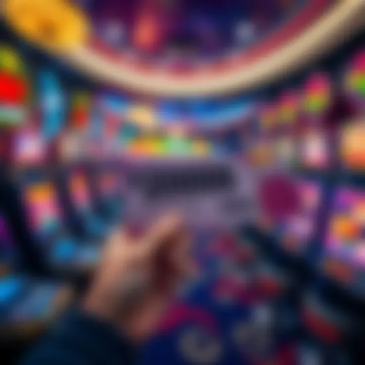 A person holding a voucher worth 2000 in a casino surrounded by colorful slot machines and gaming tables.