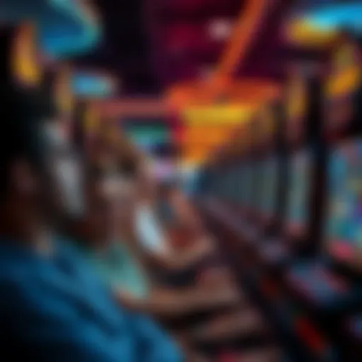 A group of people at slot machines in a casino, looking frustrated and worried about losing money.