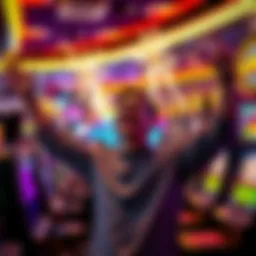 A person celebrating a big win at a casino, surrounded by flashing lights and slot machines, looking ecstatic but anxious about future bets.