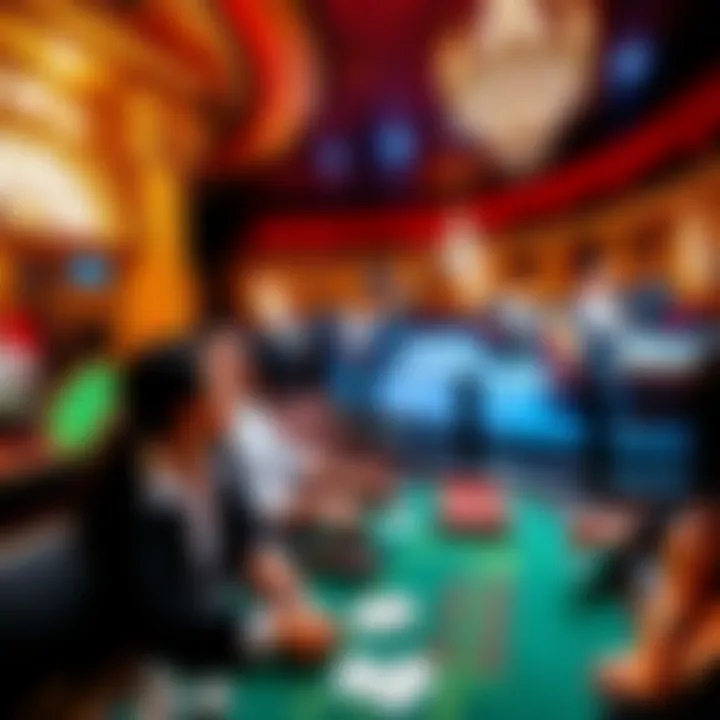 A lively scene inside Casino Monte Carlo with people enjoying blackjack at a gaming table and glamorous decor