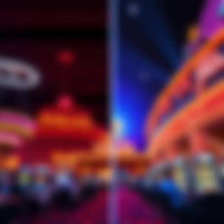 Two popular casinos in San Diego, Harrahs and Viejas, with vibrant lights and players enjoying games inside.