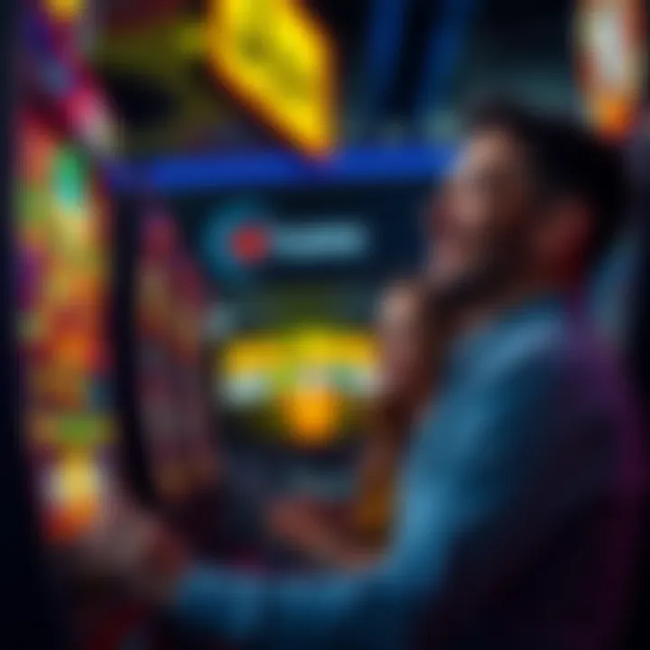 A casino player smiling and celebrating after winning money at a slot machine, surrounded by colorful lights and the Bull Rush game displayed on the screen.