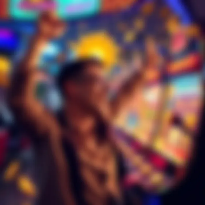 A person celebrating a big win on a casino slot machine, with coins and lights around them.