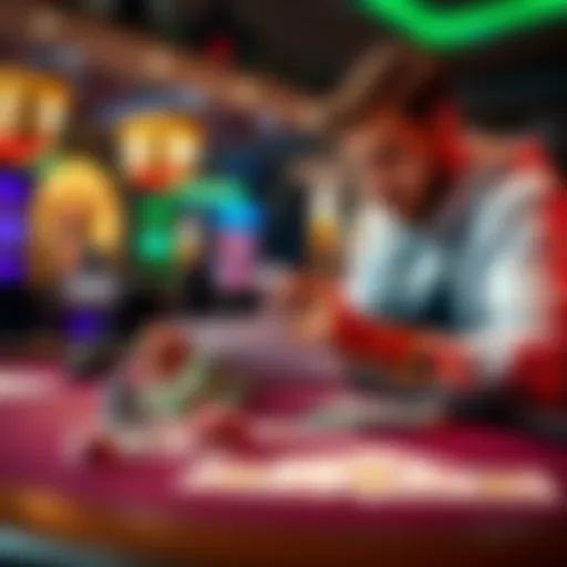 A player analyzing tactics with cards and chips at a casino table