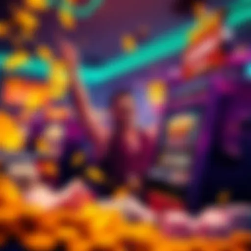 A casino scene showing a player celebrating a big win at a slot machine with cash and chips around them.
