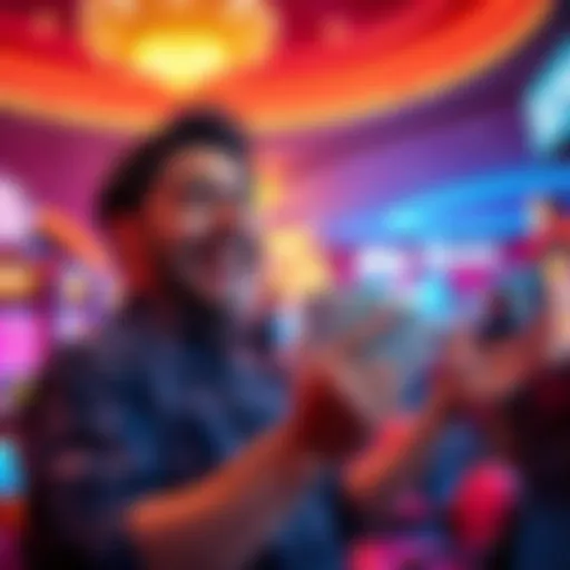 A person celebrating their win at Sky River Casino in Elk Grove, holding cash and smiling with excitement after a successful betting session.