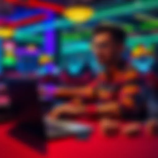 A person sits at an online casino with a laptop, analyzing betting strategies and managing bankroll.