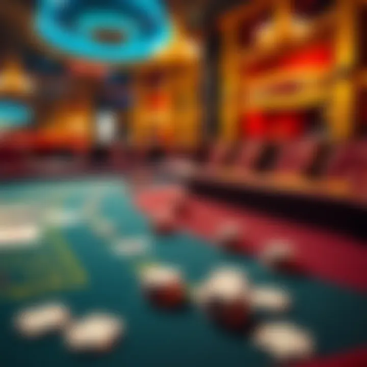 A blackjack table in a casino setting, with cards and chips scattered, indicating a recent game