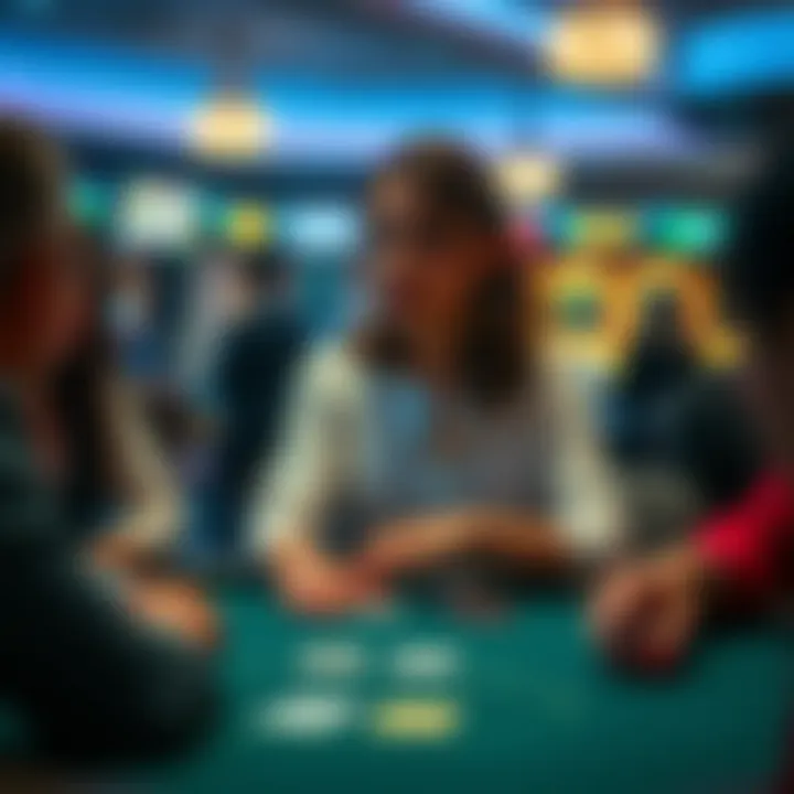 A woman at a blackjack table in a casino, feeling watched by staff around her, creating a tense atmosphere.