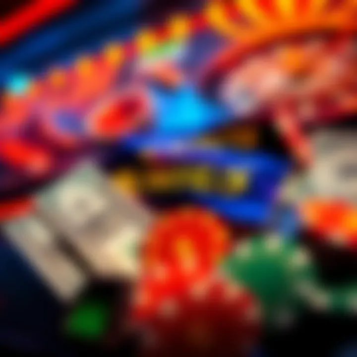 A colorful display of casino bonuses features images of dollar bills and bonus chips, highlighting weekly promotions for players.
