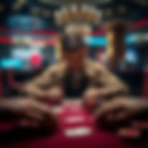 A player focuses on a game table in a casino, surrounded by cards and chips, showing determination and strategy.
