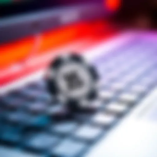 A close-up of a casino chip placed on a computer keyboard, symbolizing online betting without real money.