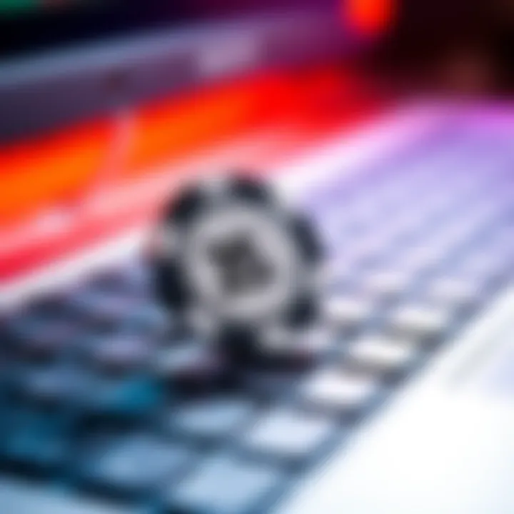 A close-up of a casino chip placed on a computer keyboard, symbolizing online betting without real money.