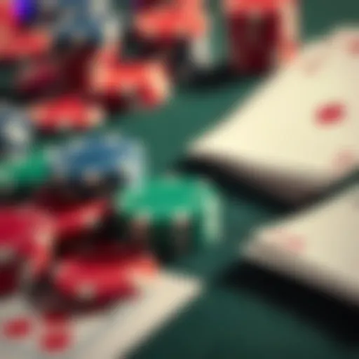 A close-up of colorful casino chips and playing cards on a felt table, representing gambling and the thrill of winning or losing money.