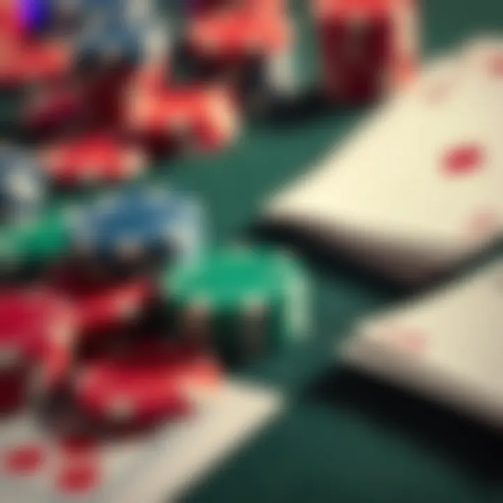 A close-up of colorful casino chips and playing cards on a felt table, representing gambling and the thrill of winning or losing money.