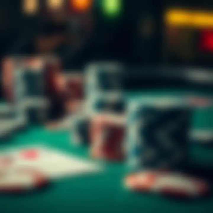 A close-up of casino chips and playing cards on a gaming table, representing high stakes gambling.