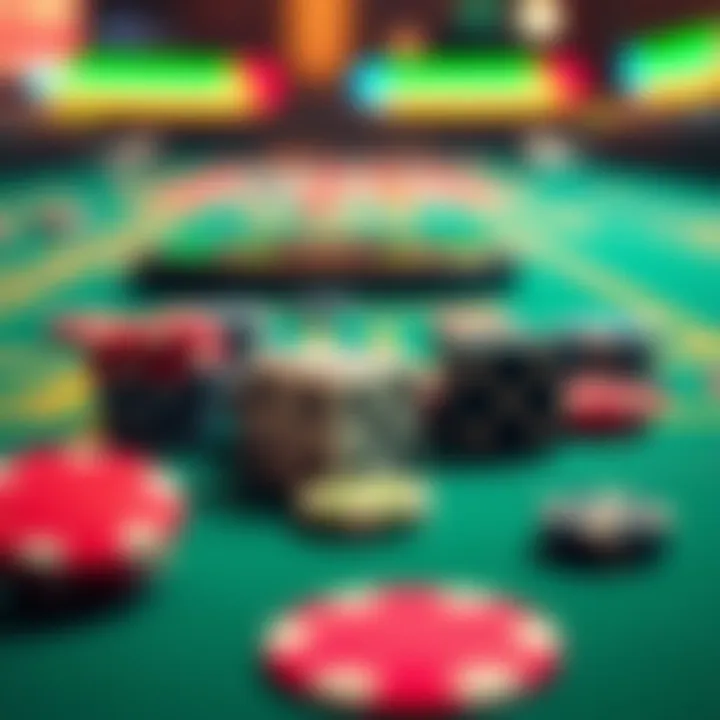 Colorful casino chips and dice on a craps table, highlighting the gaming experience
