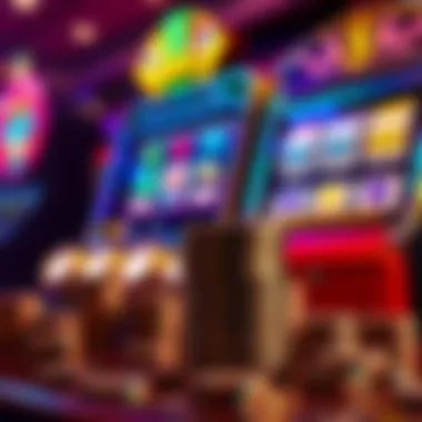 A stack of casino chips totaling five thousand dollars placed next to a colorful slot machine with flashing lights