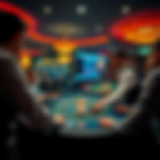 A casino dealer interacting with players at a blackjack table, showcasing the lively atmosphere of a gambling floor.