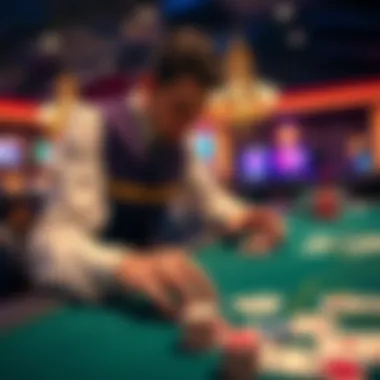 Casino dealer at a blackjack table A casino dealer handling chips and dealing cards at a blackjack table, showing their opinion on receiving chips as tips