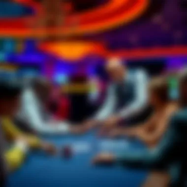 A casino dealer interacting with players at a table, creating an engaging atmosphere