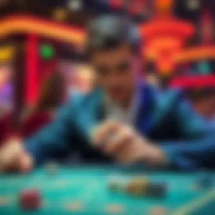 A beginner dealer at a casino practices rolling dice, focusing on techniques to improve his game. The scene shows an attentive look on his face as he prepares for busy weekends.
