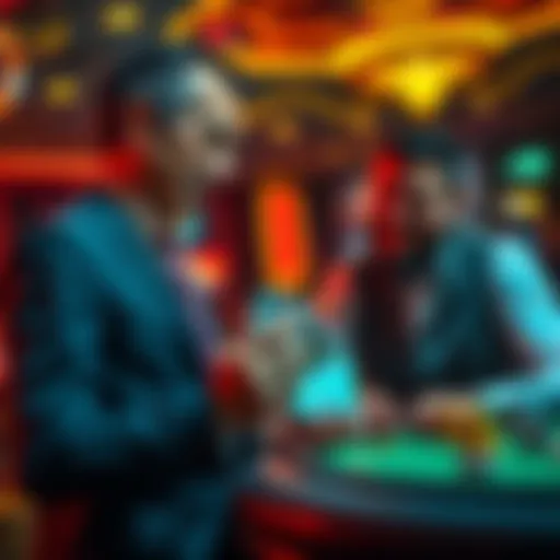 A casino dealer showing frustration while dealing cards to a smiling player enjoying the game