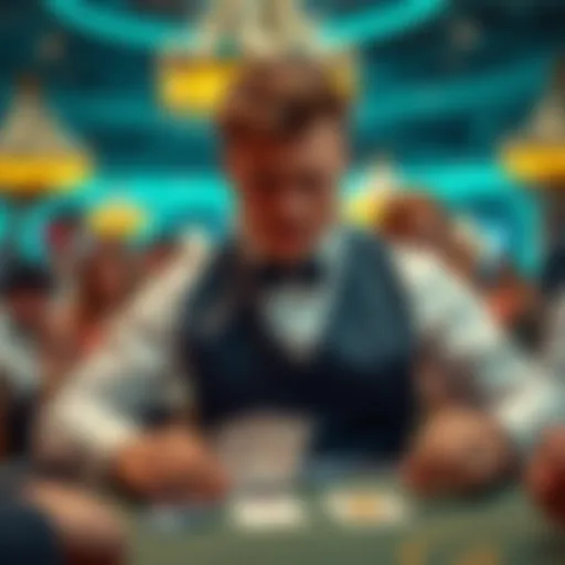 A casino dealer in New York showing a rude expression while dealing cards to players, with concerned players in the background.