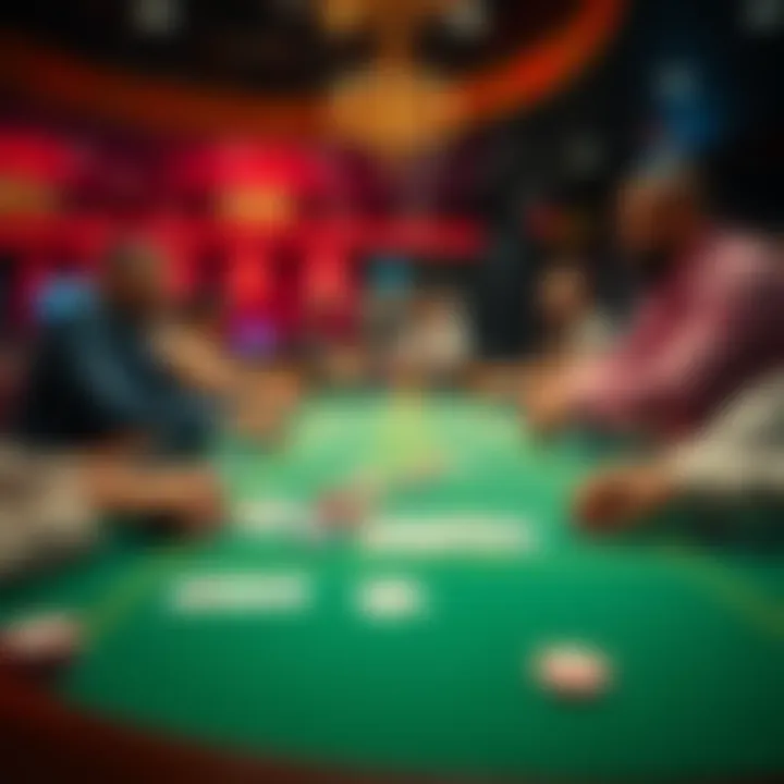 A dealer at a casino table dealing cards with players looking on, illustrating a gaming experience