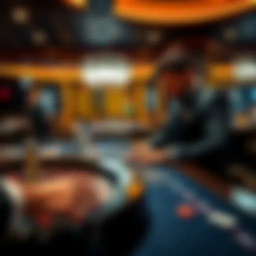 A quiet casino dealer engaging with players at a roulette table, maintaining a calm demeanor while dealing cards and chips.