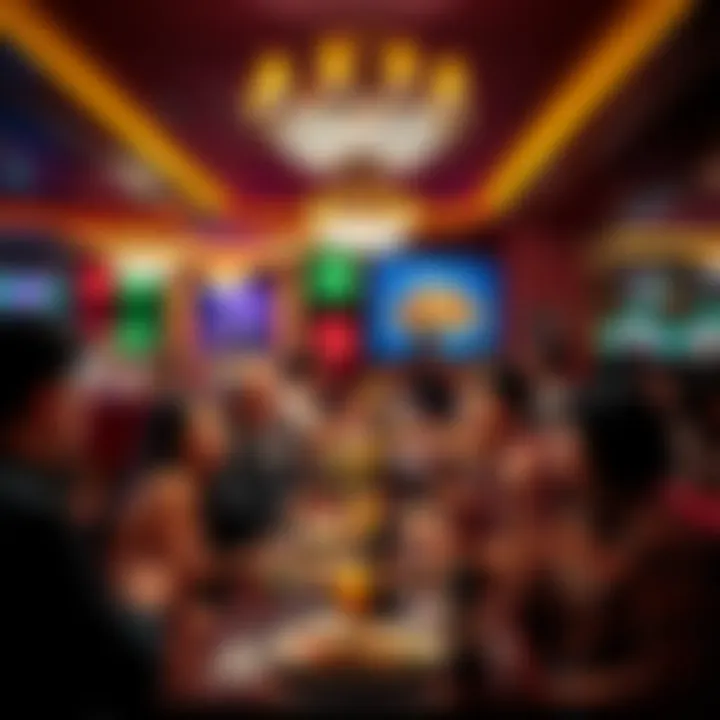 People enjoying food and drinks at a vibrant casino restaurant with entertainment in the background