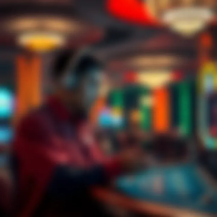 A casino worker sharing stories about shocking losses experienced by players, in a dimly lit casino environment.