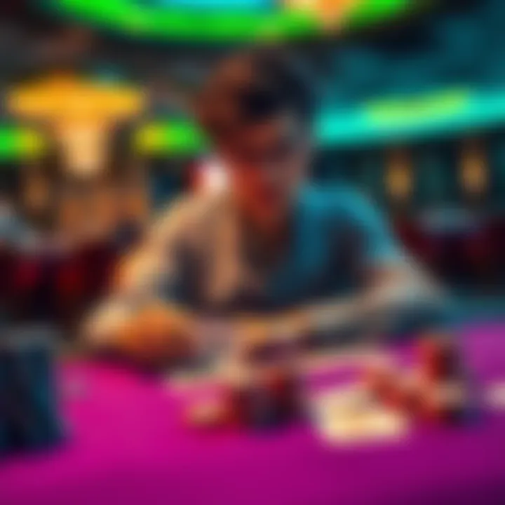 A person sitting at a casino table, contemplating their future finances while playing cards, with chips and money on the table.