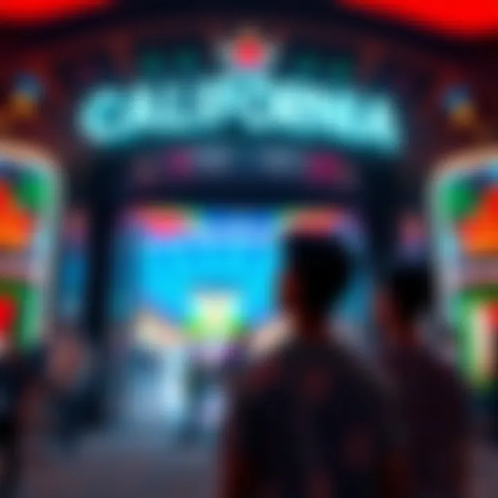 Entrance of a California casino with bright lights and people, including young adults looking excited to enter.