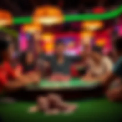 A person celebrating a big win at a casino table surrounded by family members, with colorful chips and cards on the table