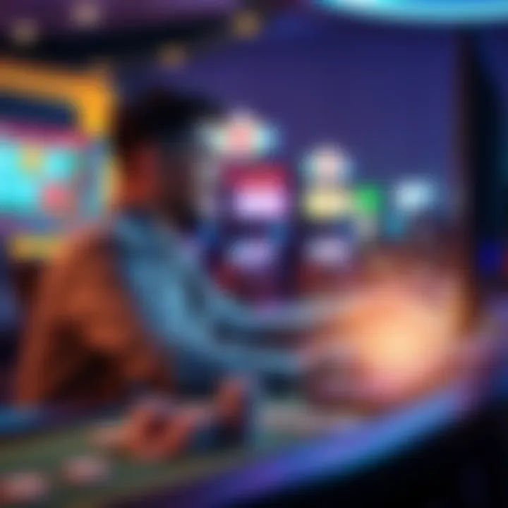 A player sits at a casino online game, looking excited while viewing winnings on the screen, with chips scattered around them.