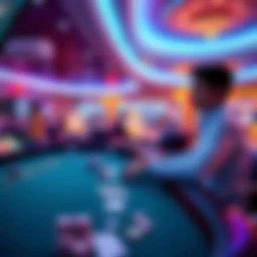 A person playing at the casino table on a cruise ship with chips and cards in front of them.