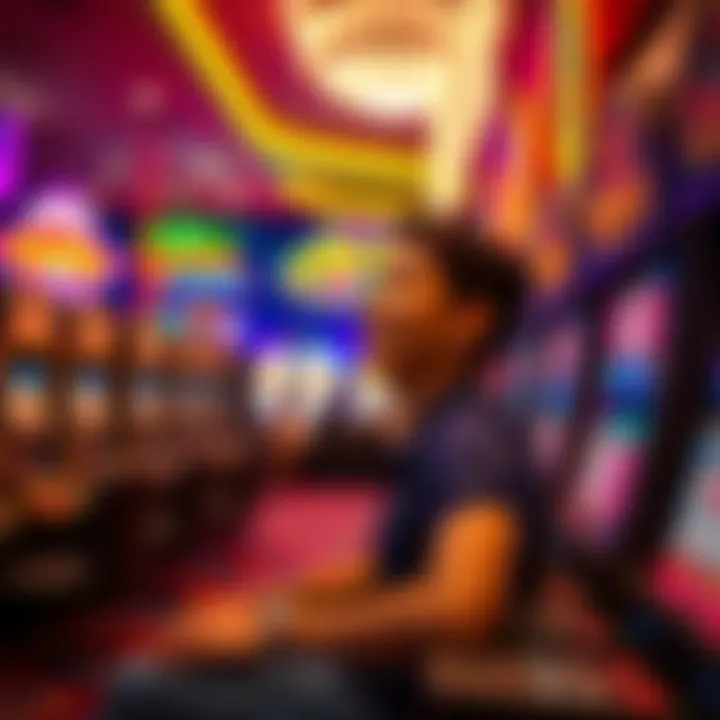A novice player enjoying the excitement of a casino in Las Vegas, surrounded by vibrant lights and slot machines.