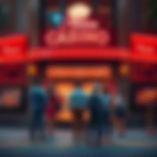 A group of people standing outside a casino, looking at the entrance with a mixed expression of excitement and disappointment, indicating they might not play inside.