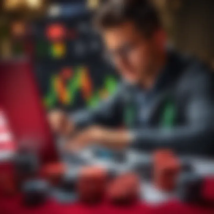 Casino Game Analysis A person analyzing statistical data on a laptop while surrounded by casino chips and cards
