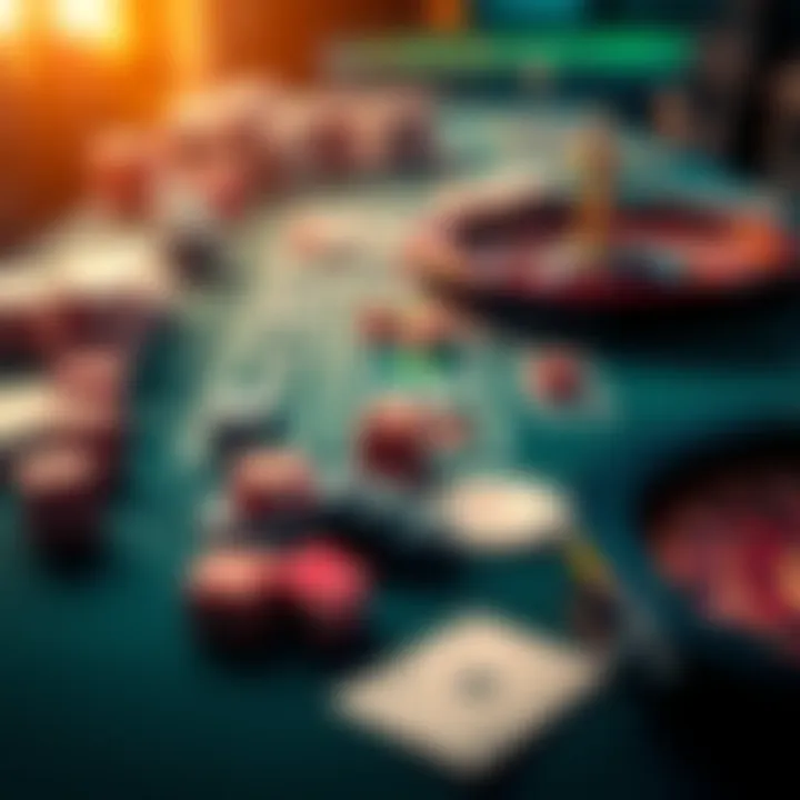 A casino table with chips, dice, and cards representing Craps, Roulette, and Blackjack.