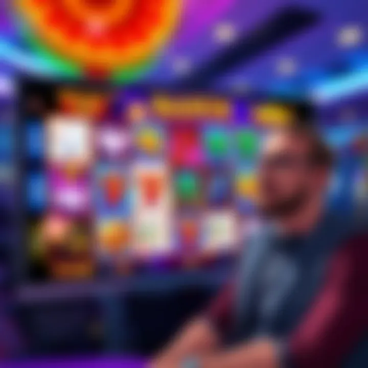 A colorful casino game screen showing various scatter bonus symbols and a player with a hopeful expression.