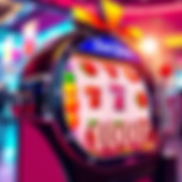 A colorful slot machine with fruits and candies, showing spinning reels and bright lights, representing the excitement of Sweet Bonanza 1000.