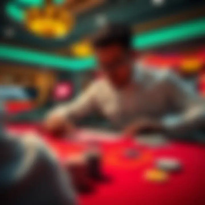 A person strategizing their moves at a casino game table with chips and cards in view.