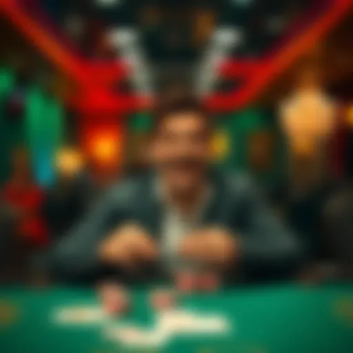 A player at a casino game table, looking excited while holding poker chips, with cards in front and lights illuminating the scene.